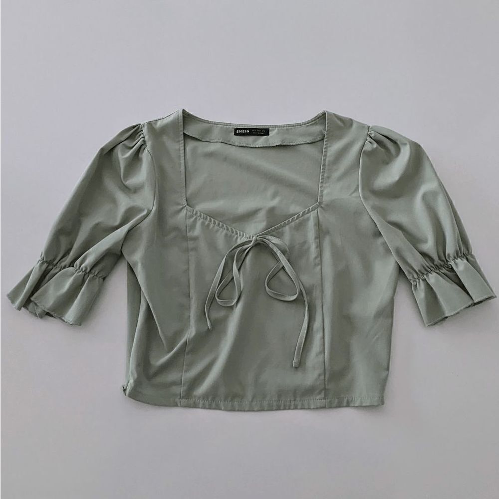 Womens SHEIN Crop Top Short Sleeve Blouse Mint Green Small Balloon Sleeve Ruffle